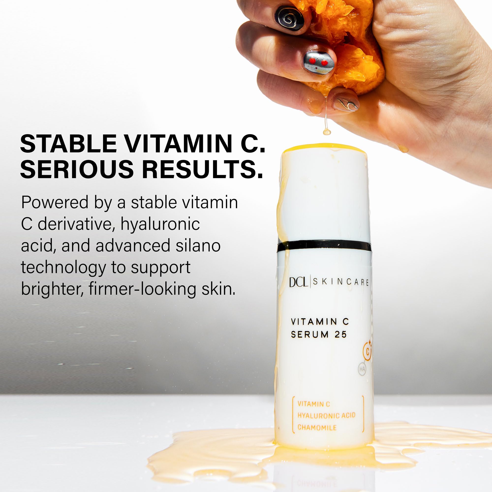 DCL Vitamin C Serum 25 label close-up highlights stability and premium formulation benefits.