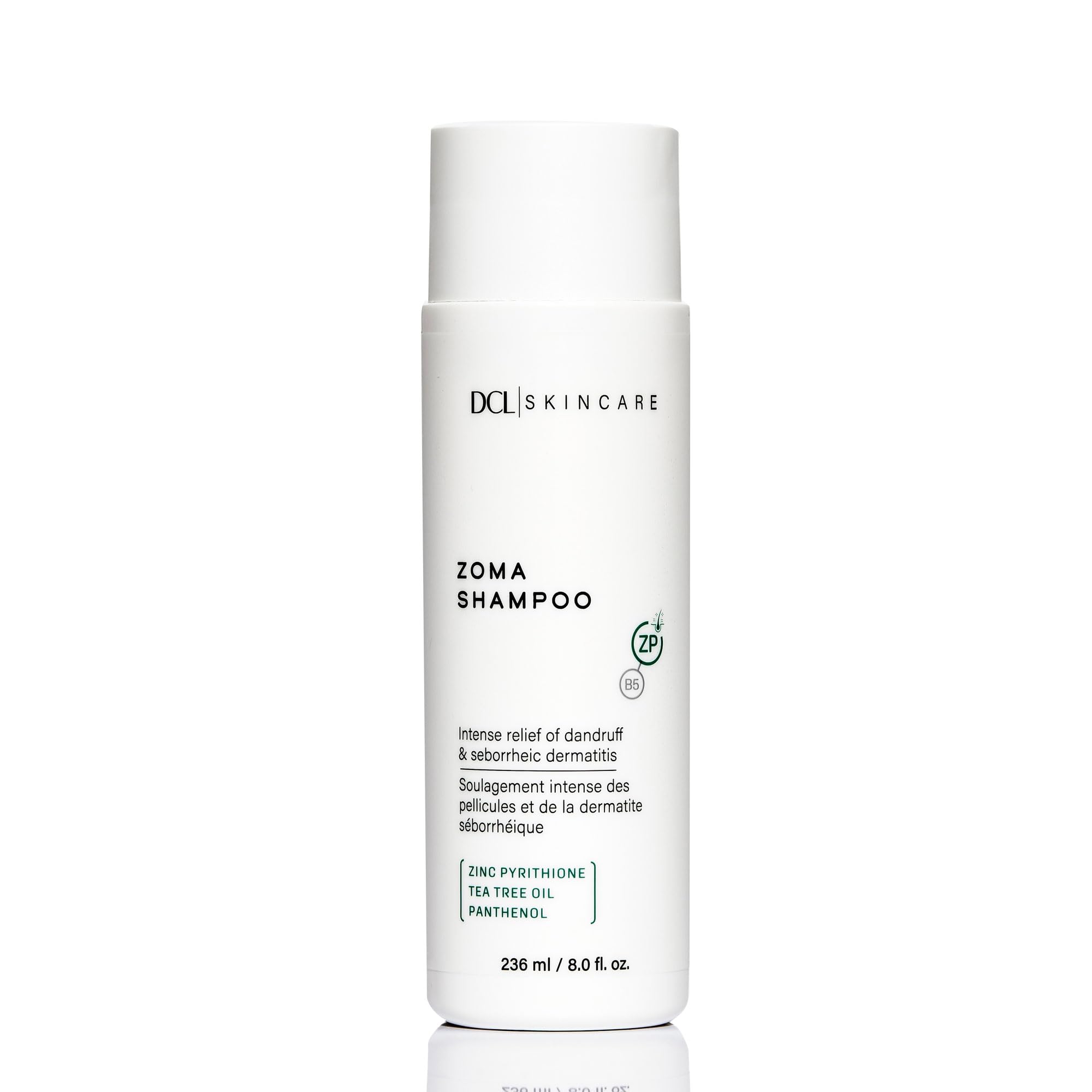 DCL Zoma dandruff shampoo bottle front highlighting 8 oz size and scalp care.
