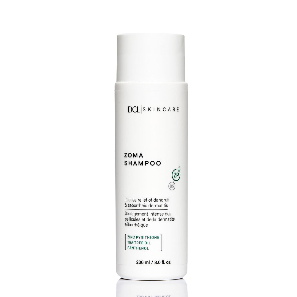 DCL Zoma dandruff shampoo bottle front highlighting 8 oz size and scalp care.