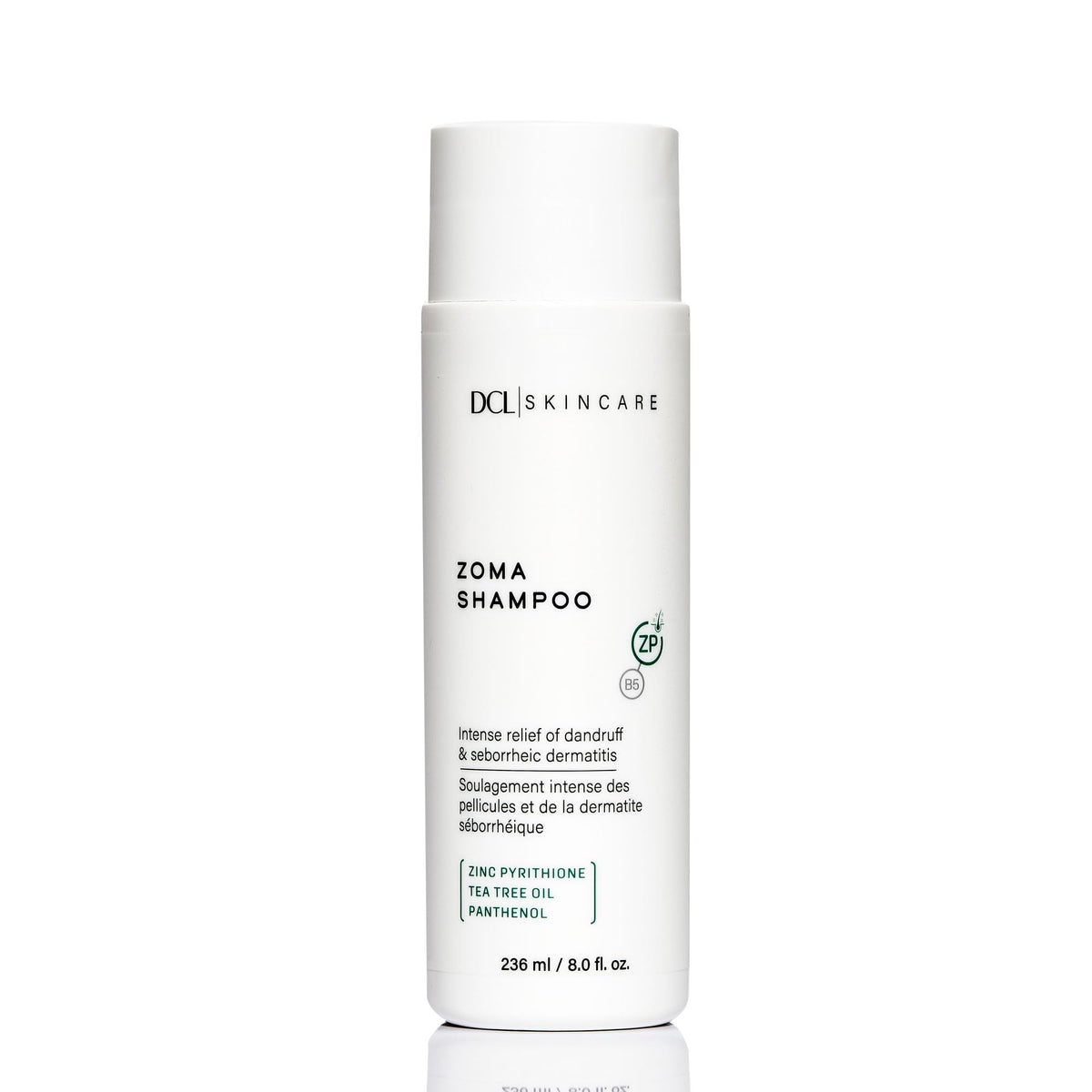 DCL Zoma dandruff shampoo bottle front highlighting 8 oz size and scalp care.