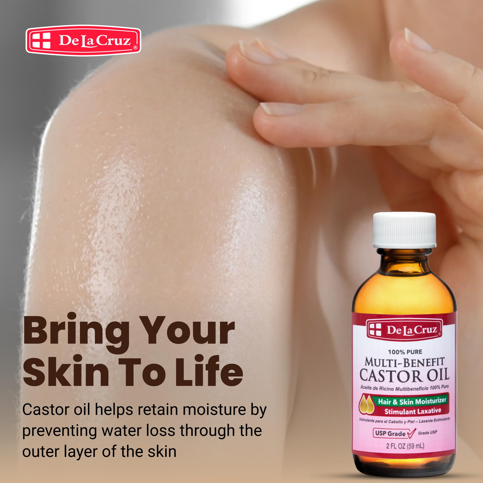 De La Cruz Castor Oil beside lotion for daily moisturizing routine