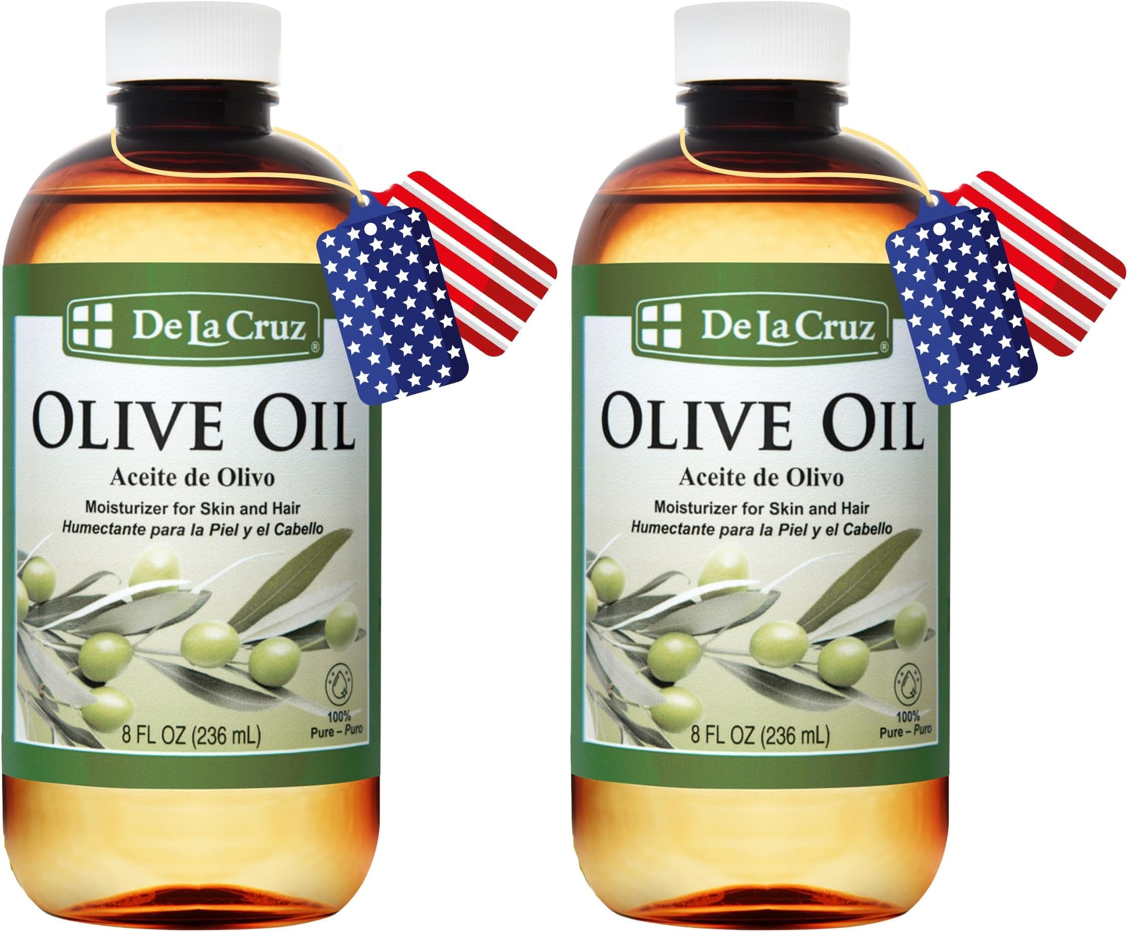 De La Cruz Pure Olive Oil bottle front view for hair and skin care