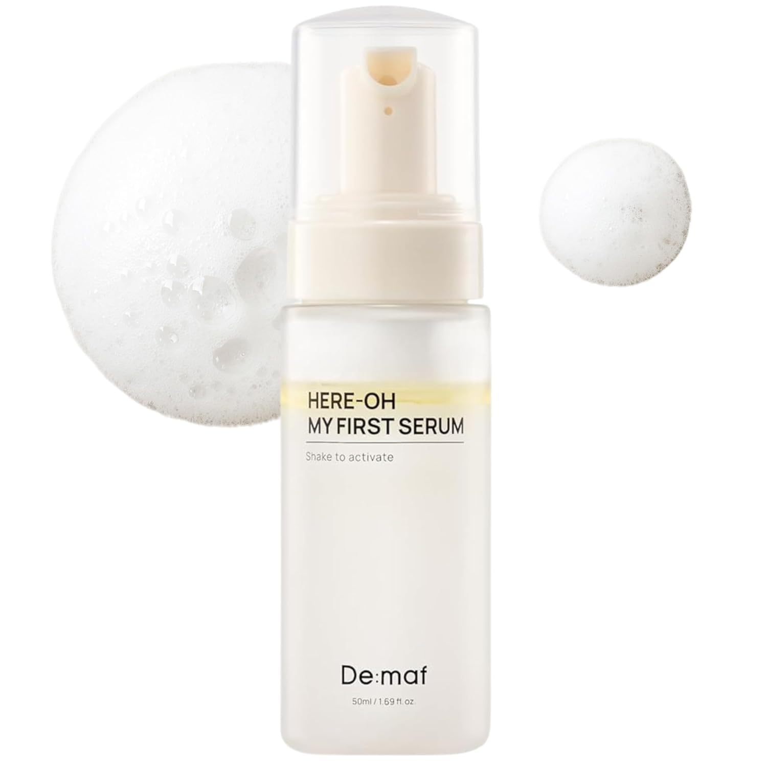 De:maf Here-Oh My First Hydrating Serum bottle with pump close-up for easy daily use