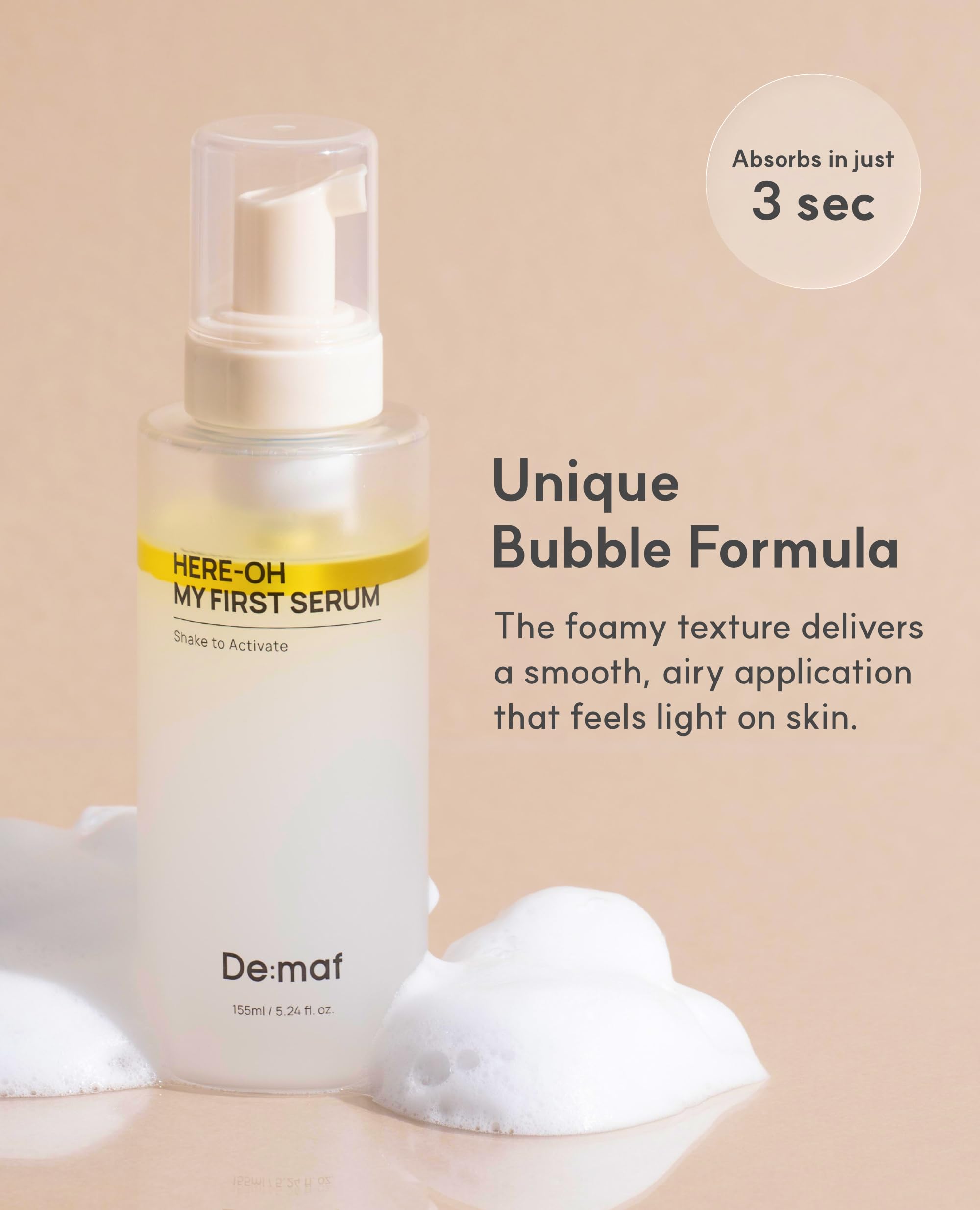 Here-Oh My First Hydrating Serum foam texture on skin for even hydration