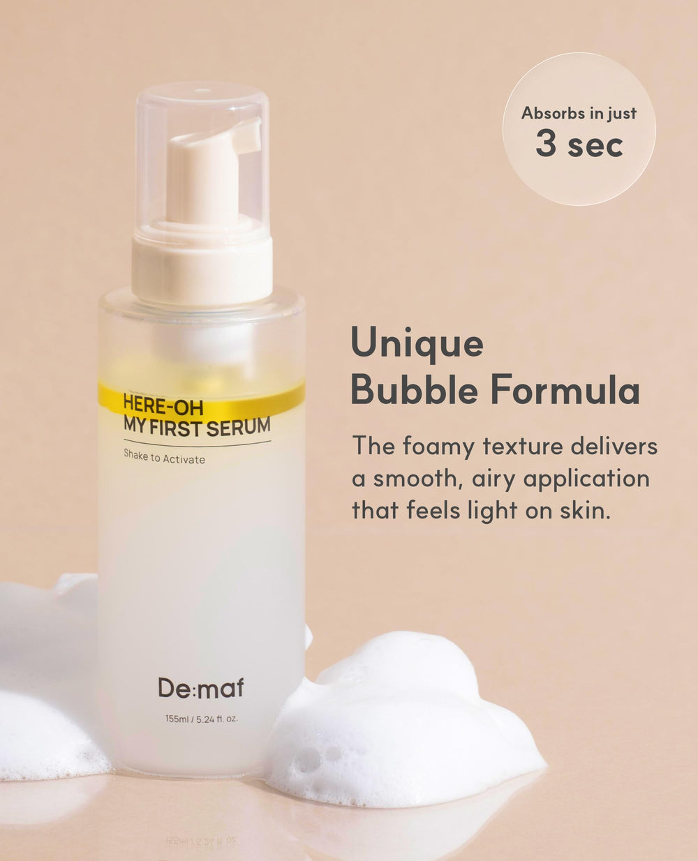 Here-Oh My First Hydrating Serum foam texture on skin for even hydration
