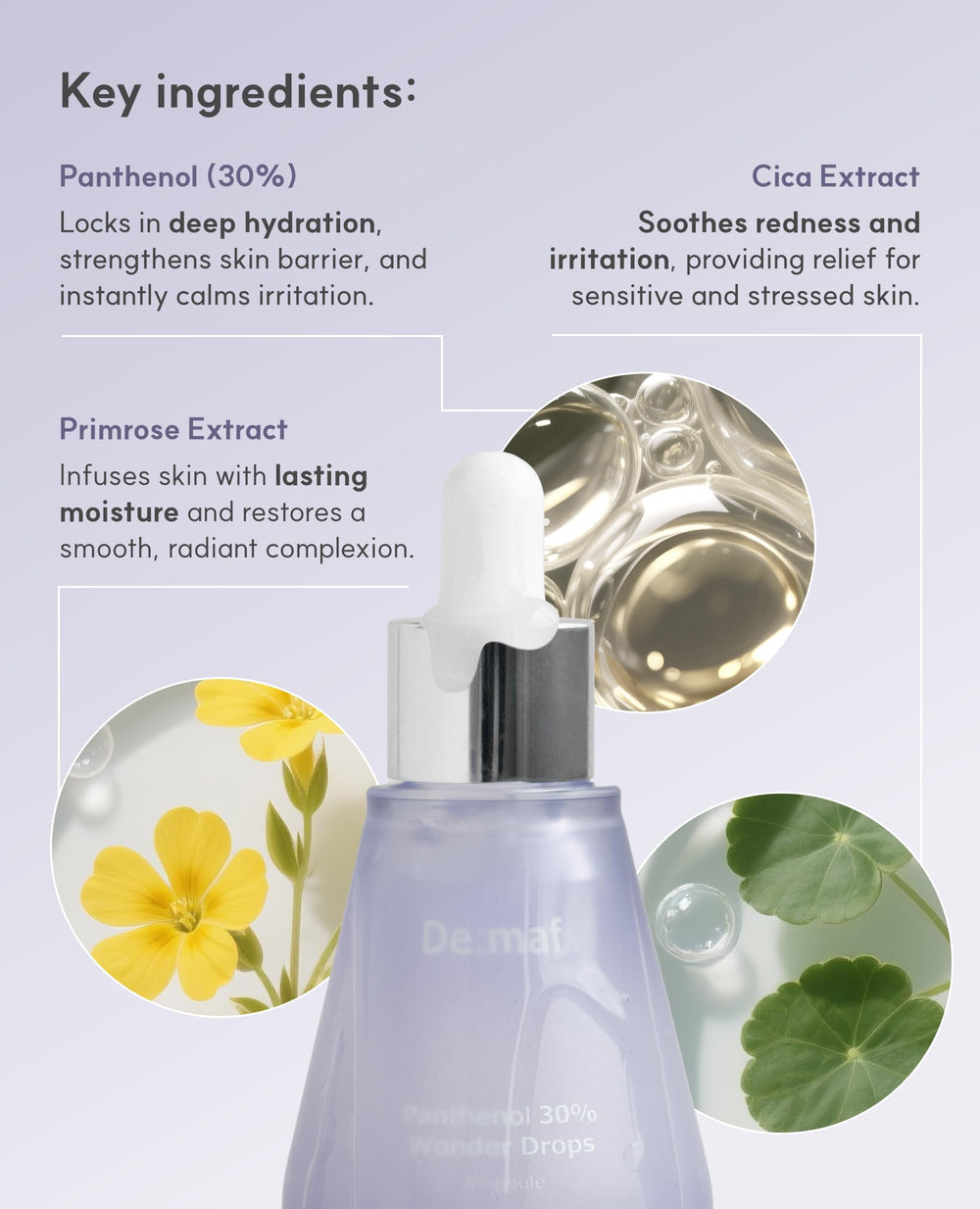 Applied to the face, De:maf ampoule soothes and nourishes for a dewy finish.