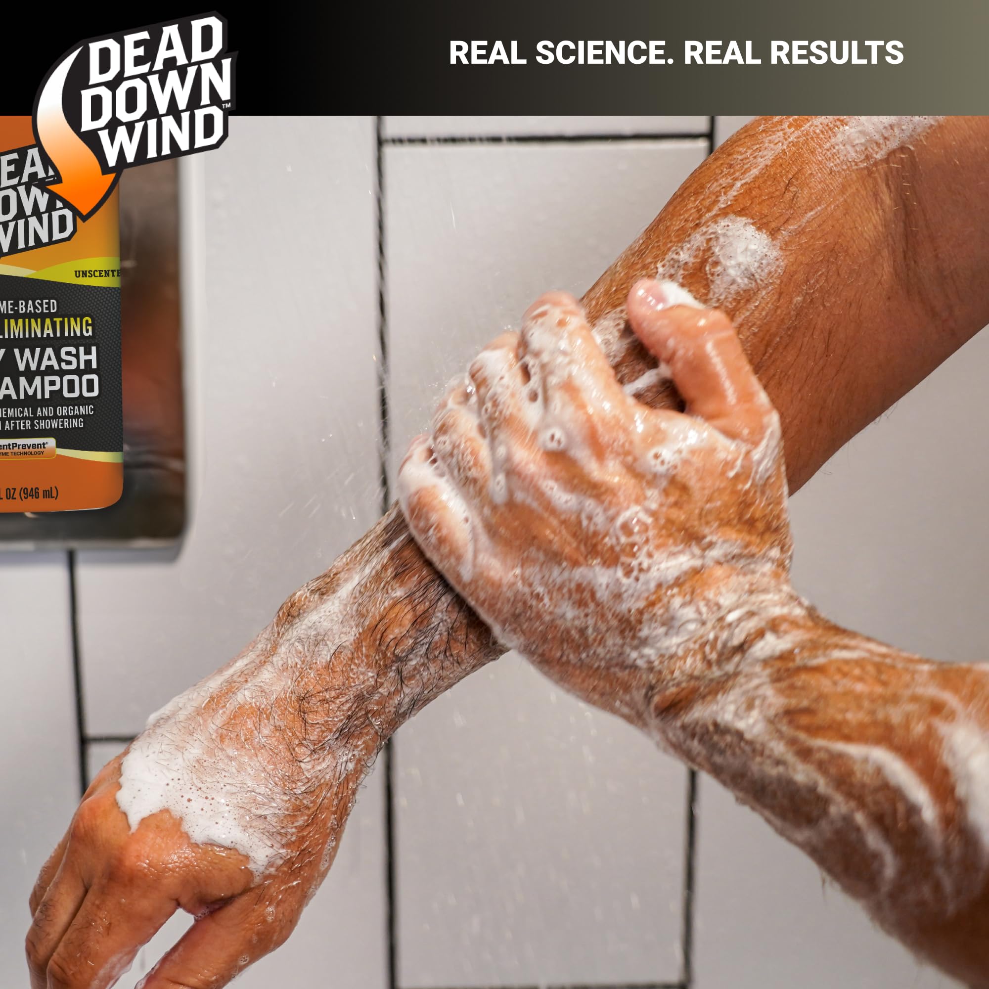 A shower setup with DEAD DOWN WIND soap in a hunting camp