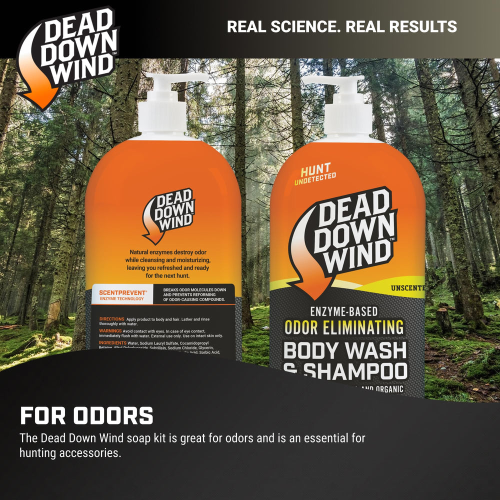 DEAD DOWN WIND unscented formula label close-up highlighting unscented benefits