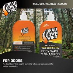 DEAD DOWN WIND unscented formula label close-up highlighting unscented benefits