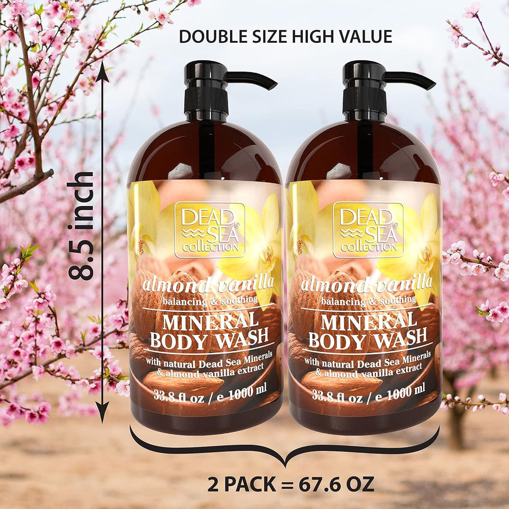 Close-up of Dead Sea Collection Almond Vanilla label highlighting premium minerals.