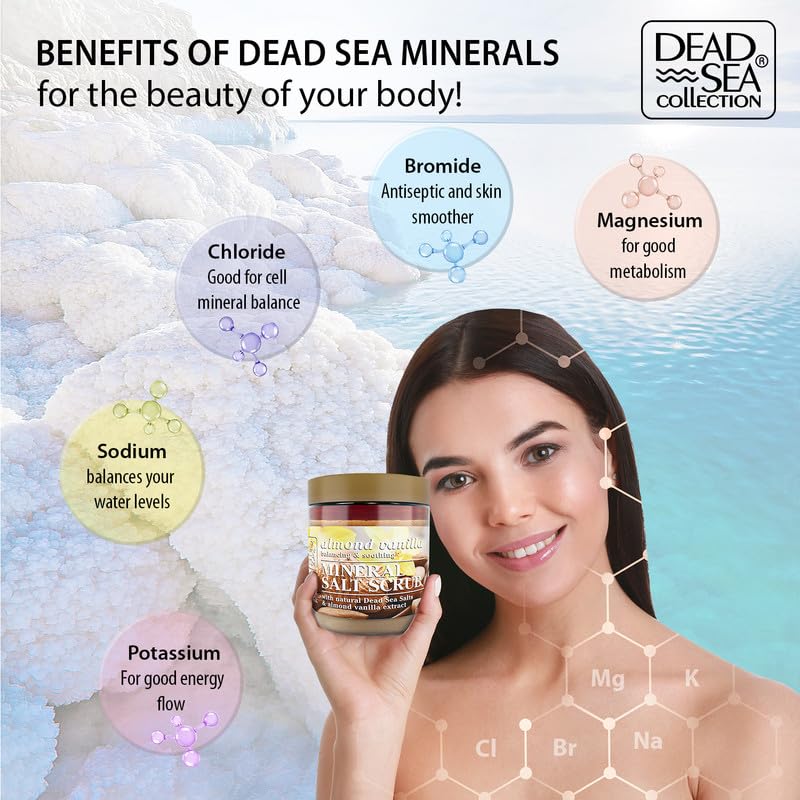 Dead Sea Collection Almond Vanilla Salt Scrub apply on damp skin for even exfoliation.