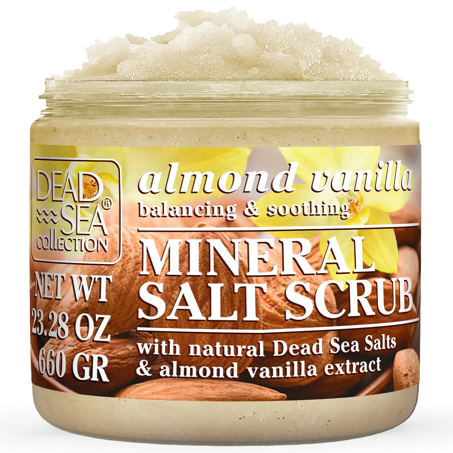 Dead Sea Collection Almond Vanilla Salt Scrub jar shows minerals for soft, hydrated skin.