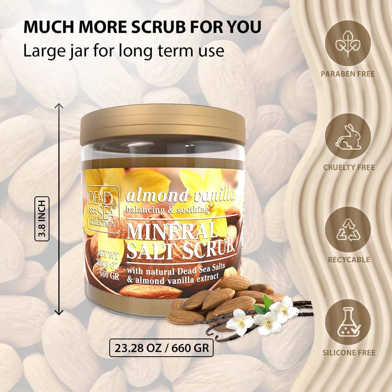 Dead Sea Collection Almond Vanilla Salt Scrub scent evokes invigorating aroma that lingers after use.