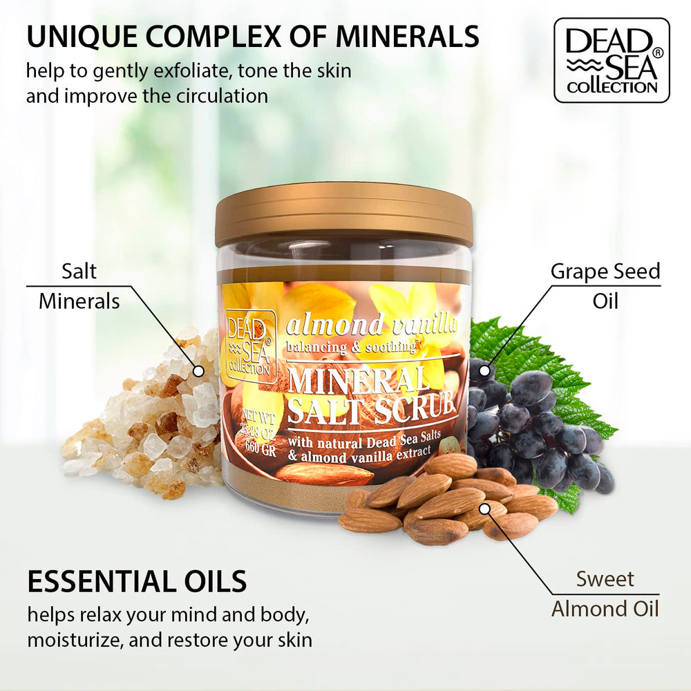 Dead Sea Collection Almond Vanilla Salt Scrub texture highlights exfoliating grains and nourishing oils.