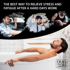 Dead Sea Collection bath salts in tub scene suggests soothing spa-like unwind.