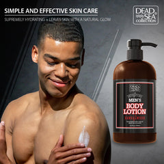 Dead Sea Collection bathroom shelf display emphasizes masculine grooming routine.