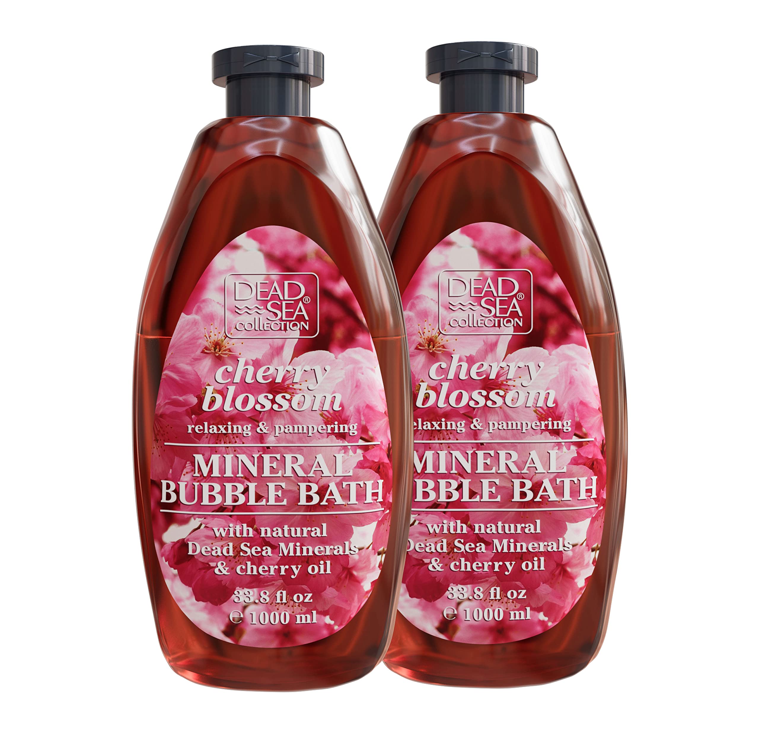 Dead Sea Collection Bubble Bath Cherry Seeds Oil bottle close-up showing rich foam for pampering.