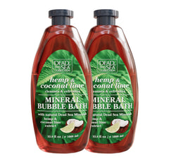 Dead Sea Collection Bubble Bath bottle shows hemp and coconut lime formula for all skin types.