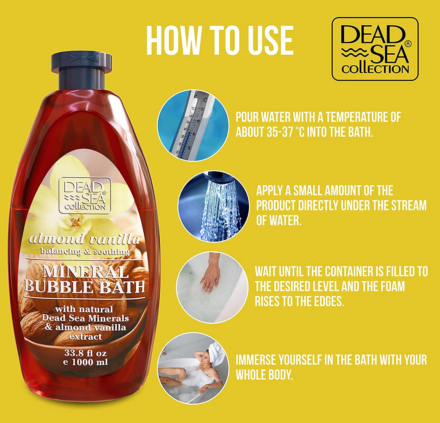 Dead Sea Collection label highlighting minerals and almond oil.