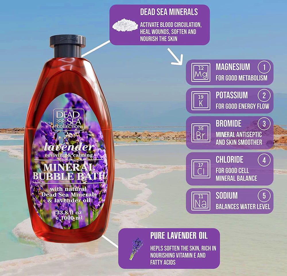 Dead Sea Collection Lavender Bubble Bath bottle-cap close-up highlights premium lavender scent.