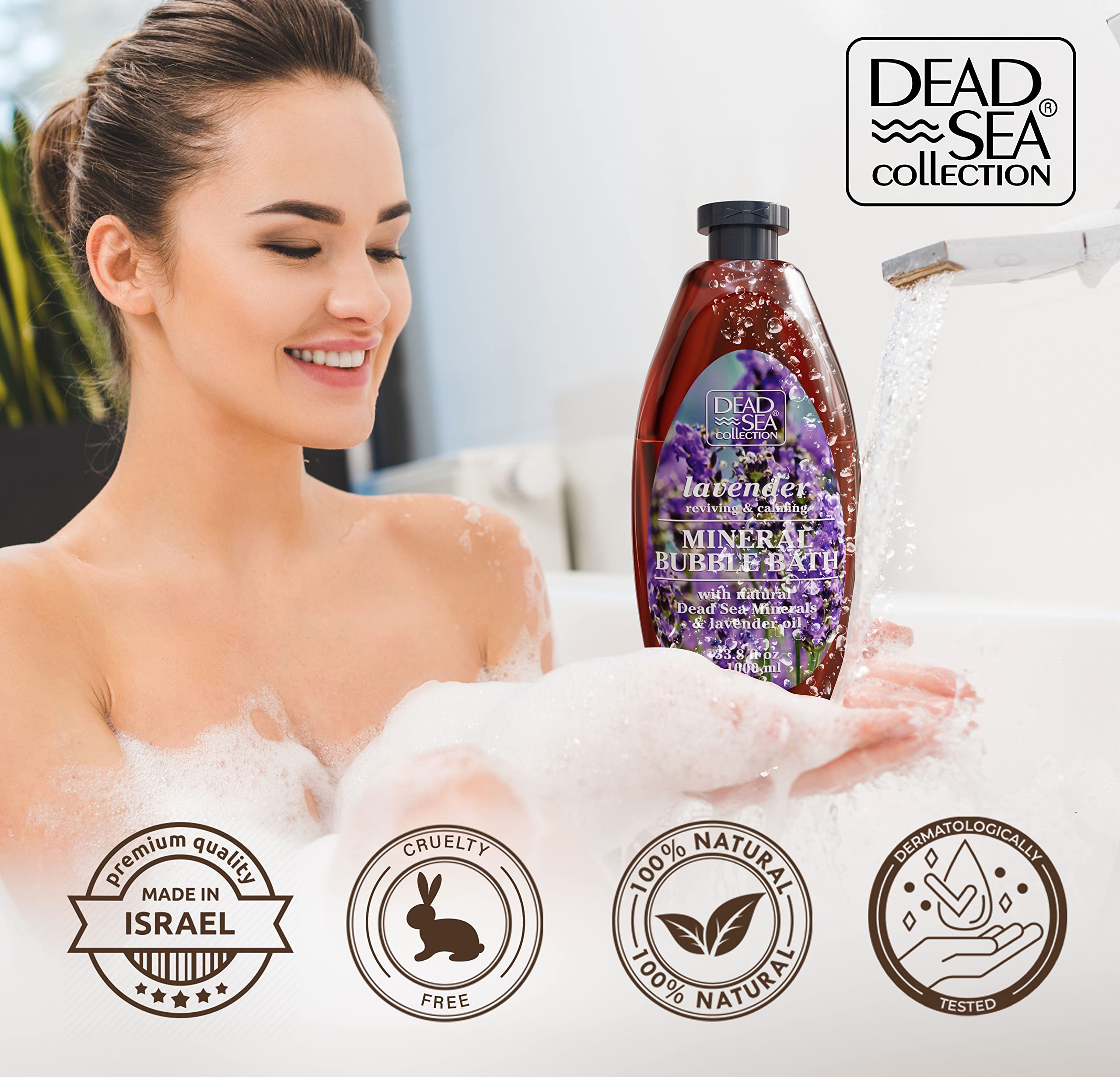 Dead Sea Collection Lavender Bubble Bath pour demonstrates easy usage for a spa-like bath.