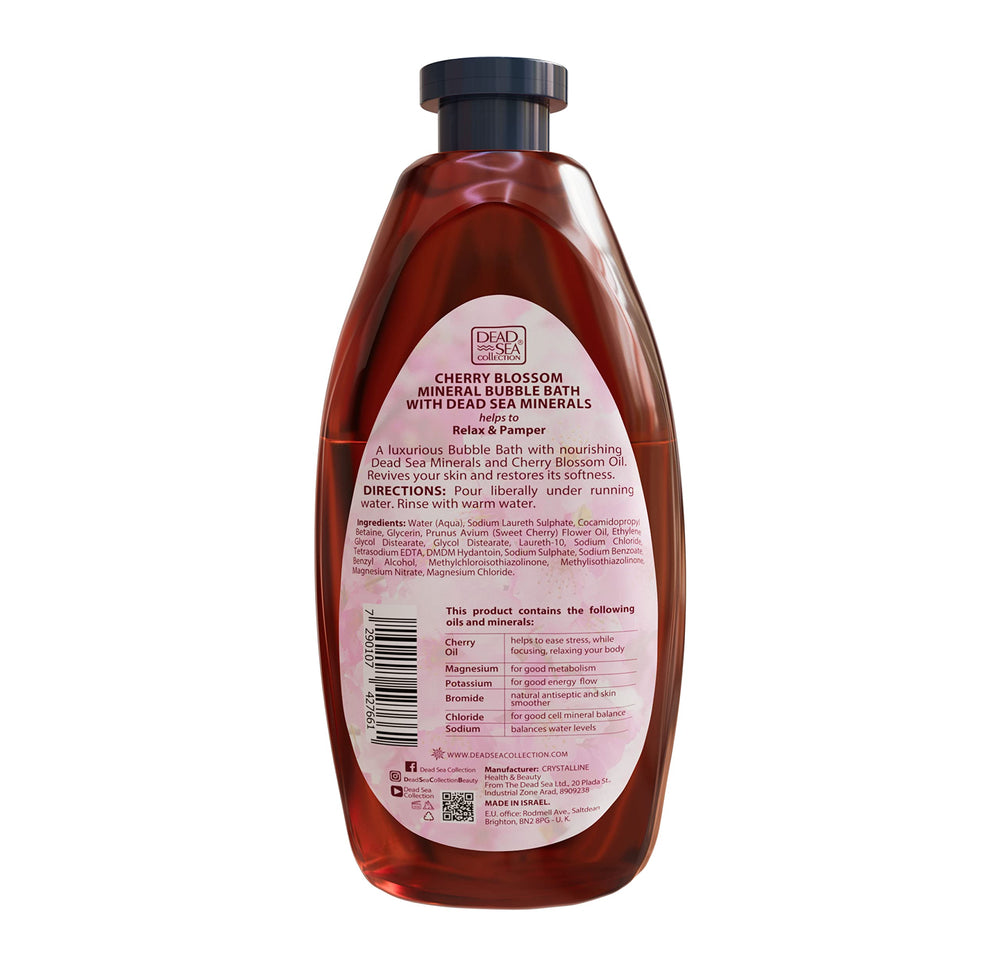 Bubble bath bottle with cherry blossom scent ideal for evening self-care.