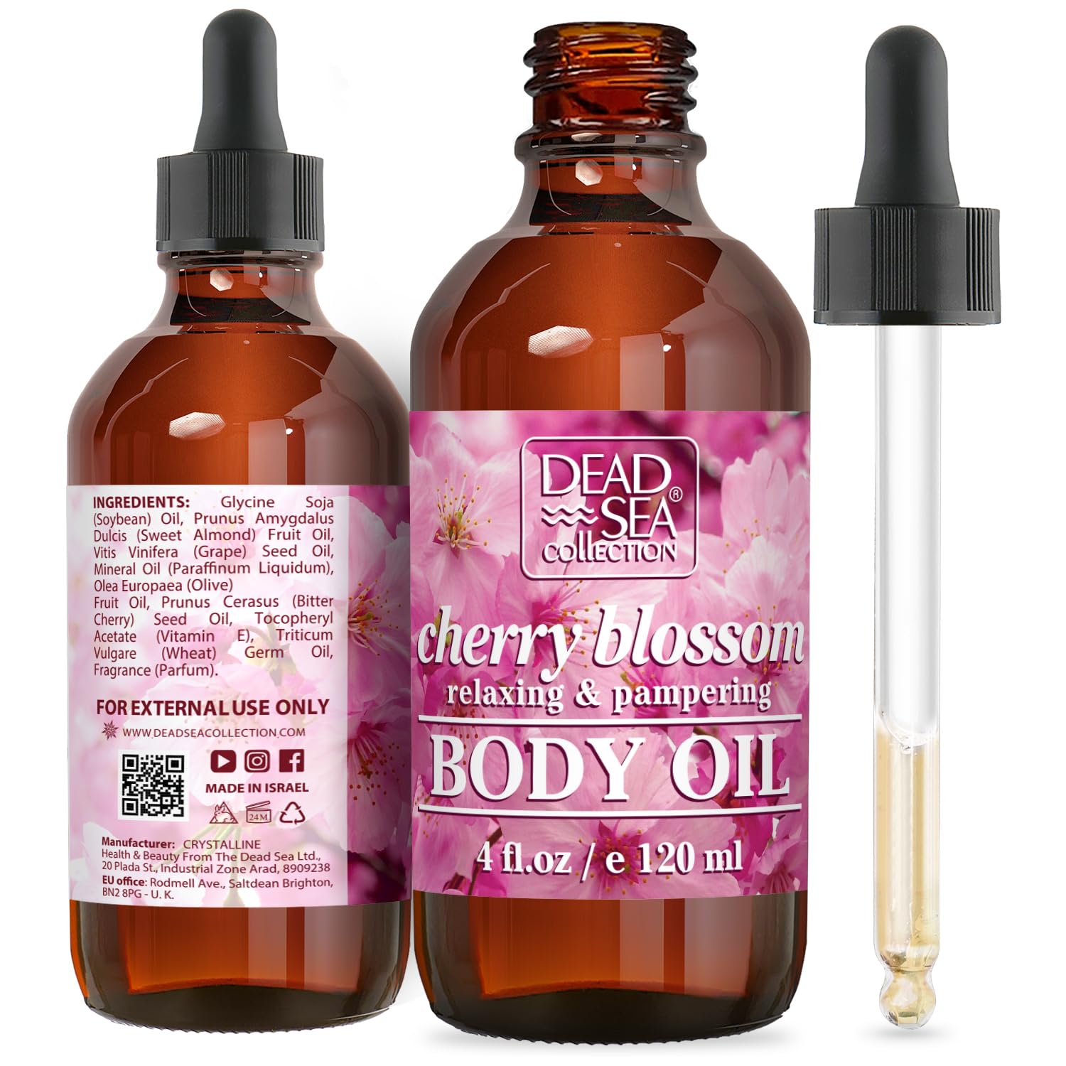 Dead Sea Collection Cherry Blossom Body Oil bottle hydrates dry skin.