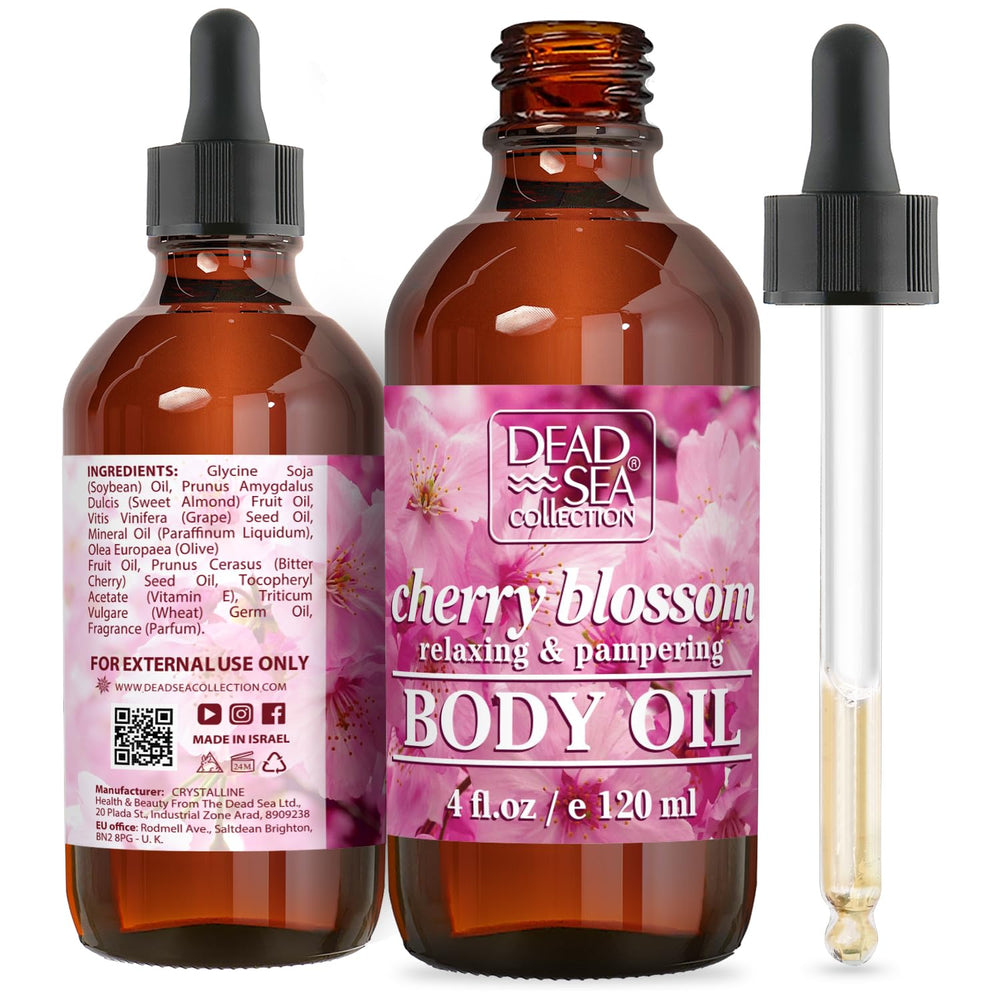 Dead Sea Collection Cherry Blossom Body Oil bottle hydrates dry skin.