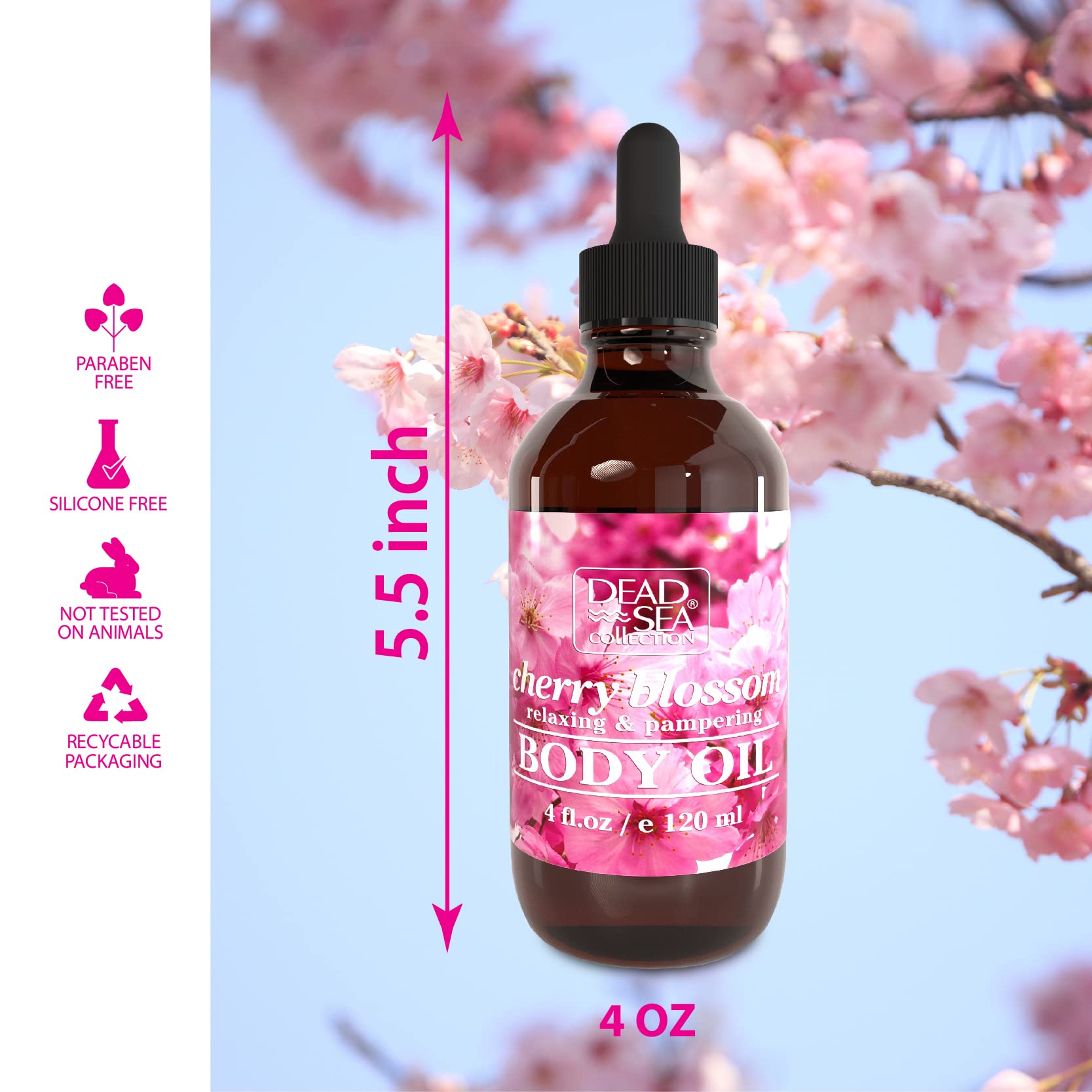 Dead Sea Collection Cherry Blossom Body Oil dropper enables precise application.