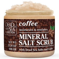 Dead Sea Collection coffee-scented scrub large jar showing premium exfoliation and hydration.