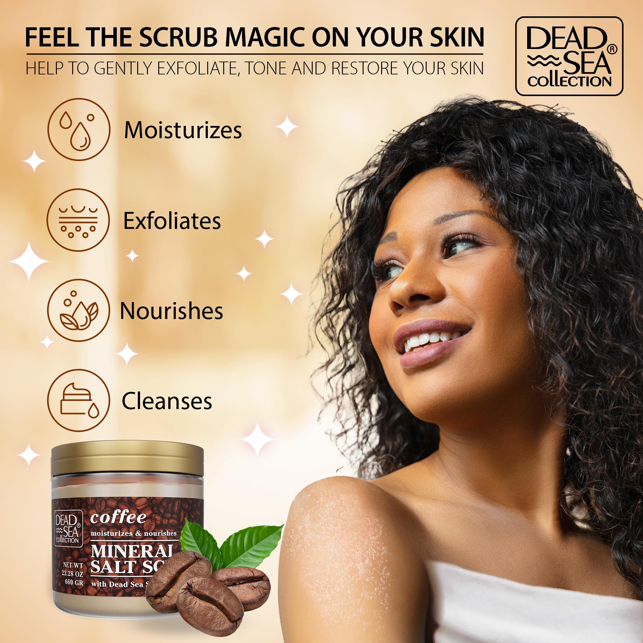 Dead Sea Collection coffee-scented scrub pour action captures oil and minerals releasing on skin.