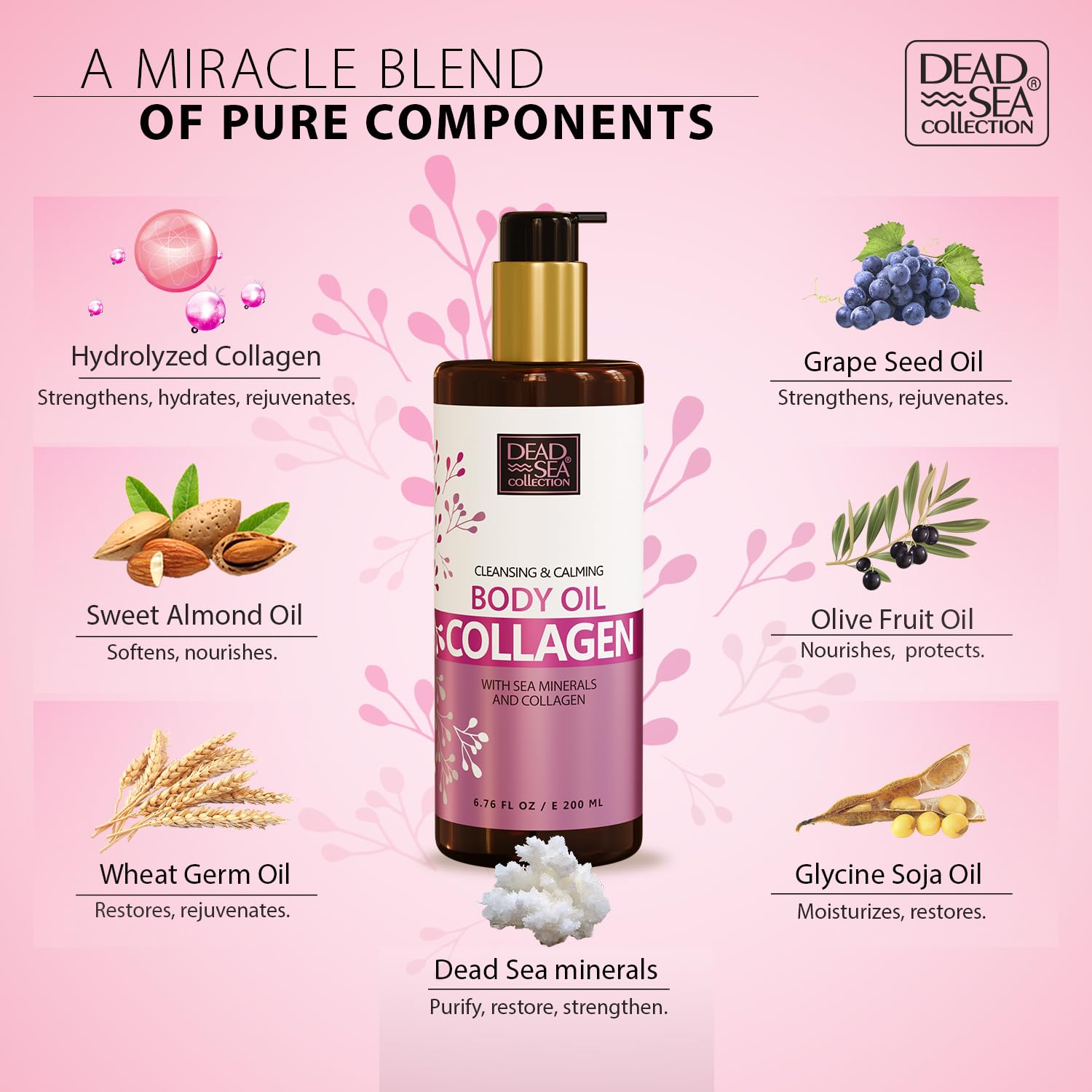 Dead Sea Collection collagen body oil being massaged into skin for smooth feel.