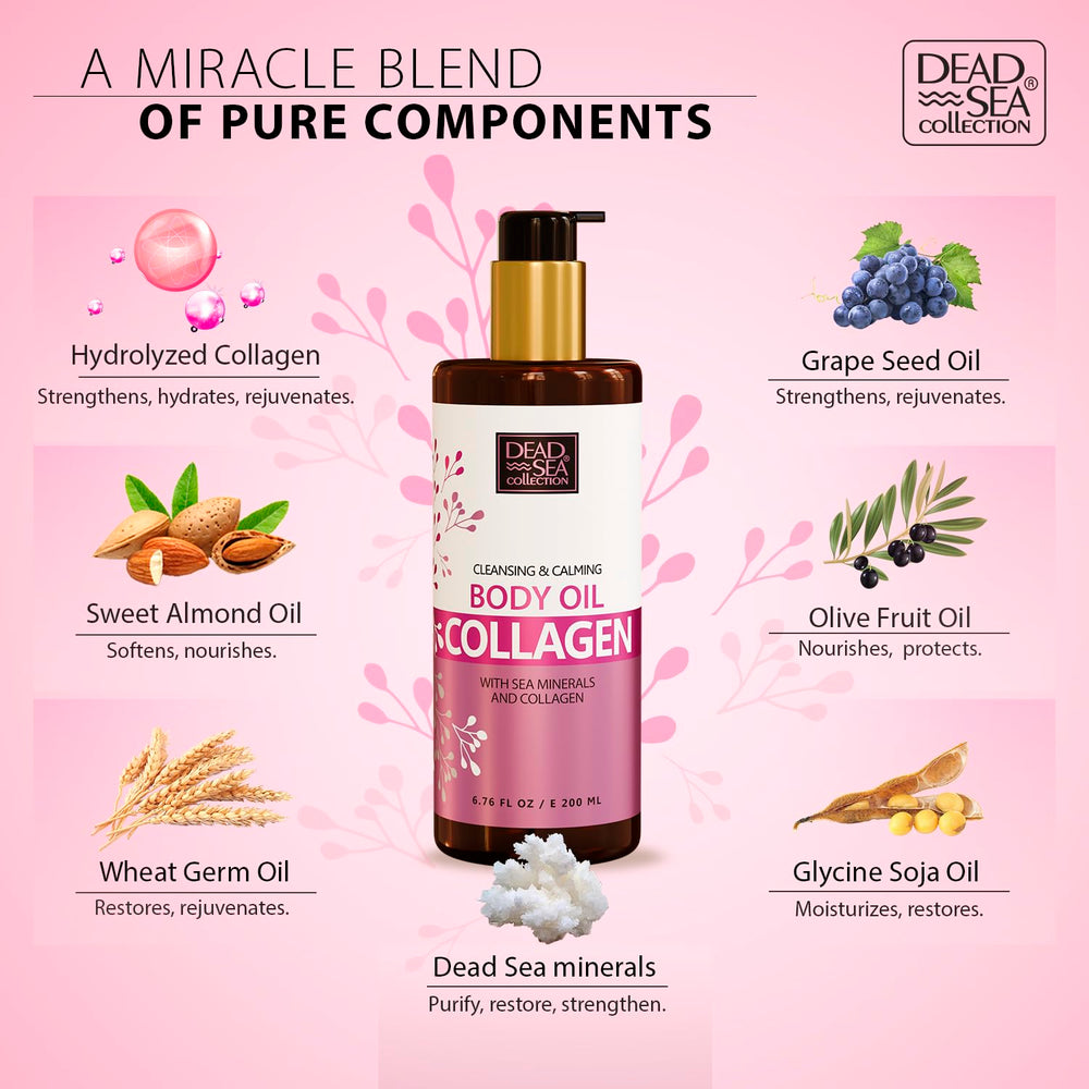 Dead Sea Collection collagen body oil being massaged into skin for smooth feel.