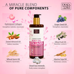 Dead Sea Collection collagen body oil being massaged into skin for smooth feel.