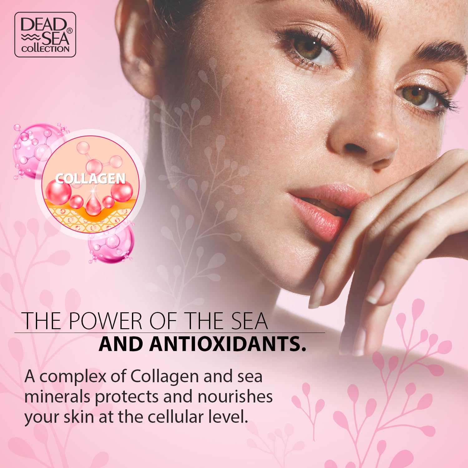 Dead Sea Collection collagen body oil on skin shows a dewy finish.