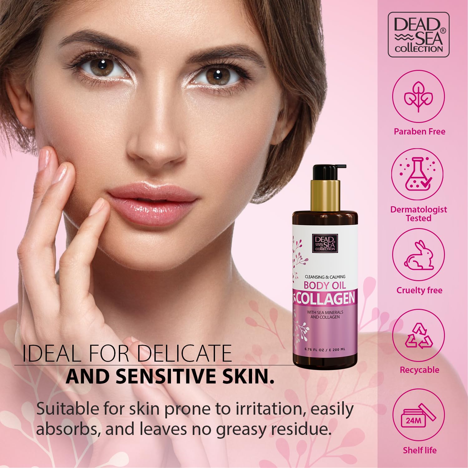 Dead Sea Collection collagen body oil packaging emphasizes recyclable bottle.