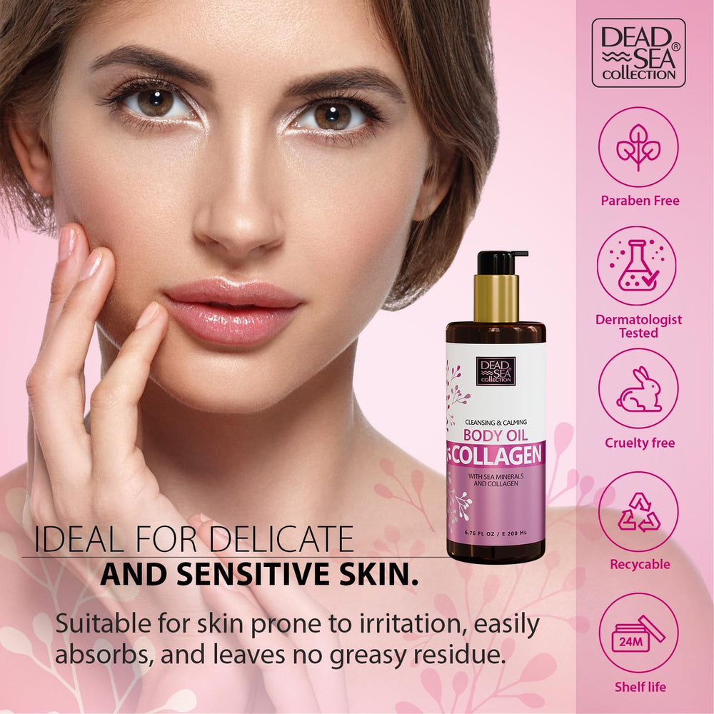 Dead Sea Collection collagen body oil packaging emphasizes recyclable bottle.