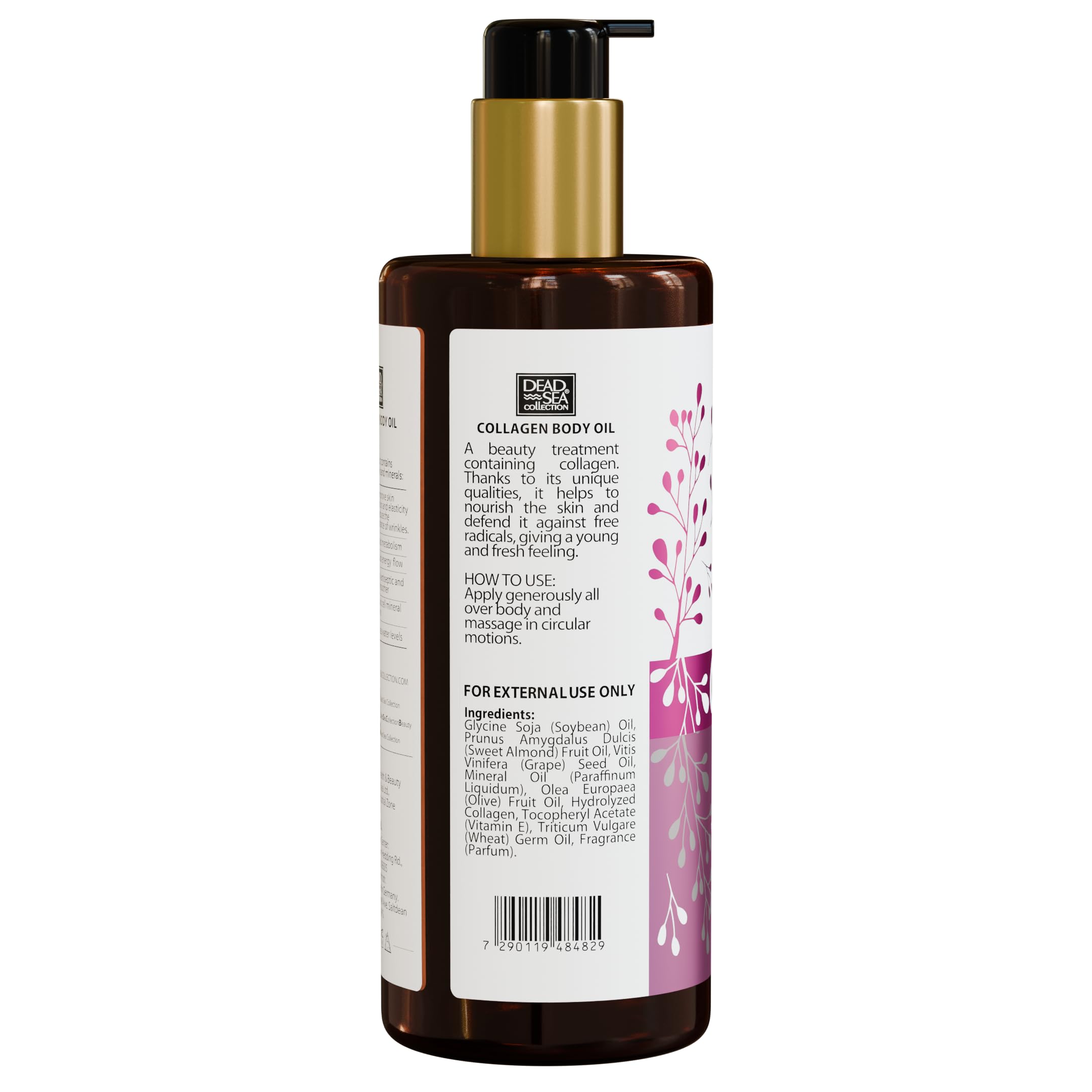 Dead Sea Collection collagen body oil on display reinforces premium natural ingredients.