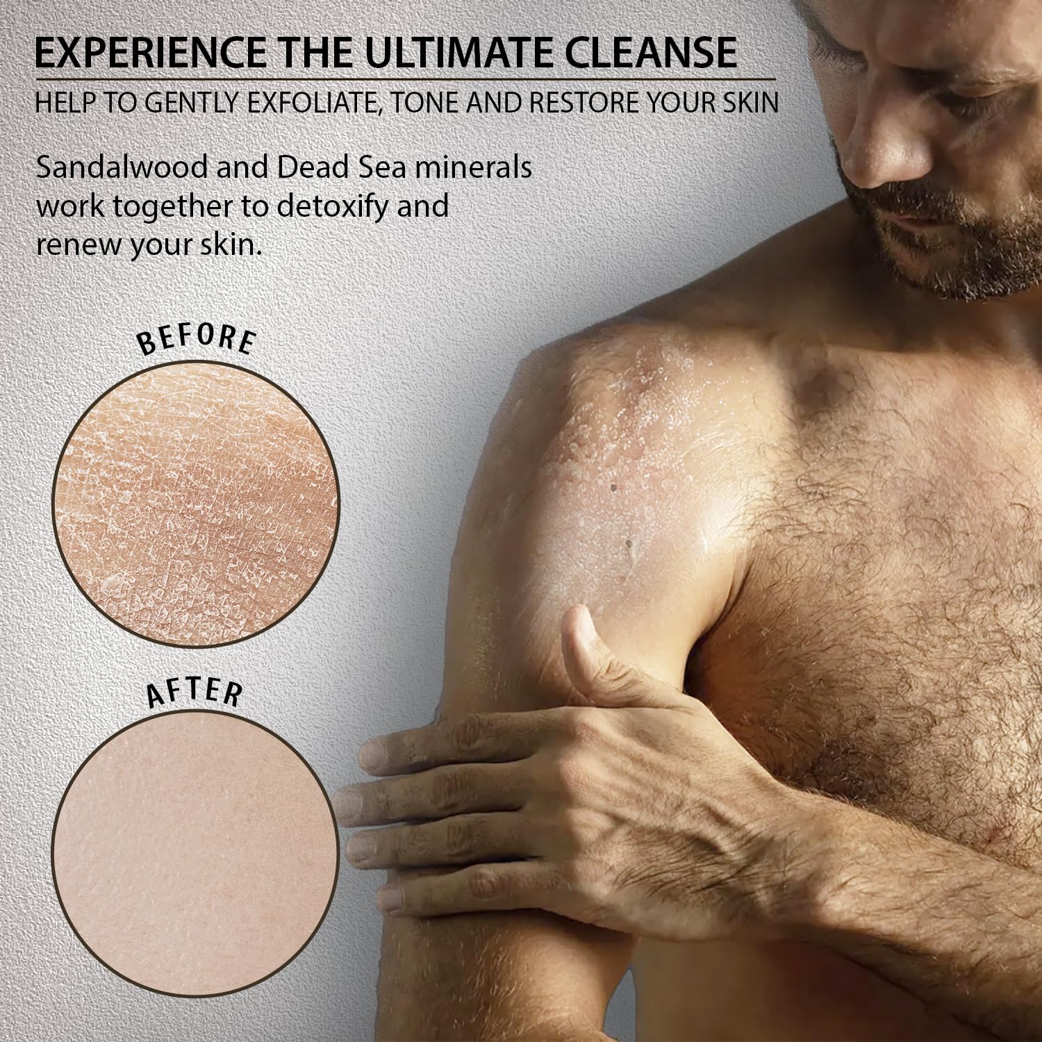Dead Sea Collection exfoliating scrub applied to elbow, showing deep-cleansing texture.