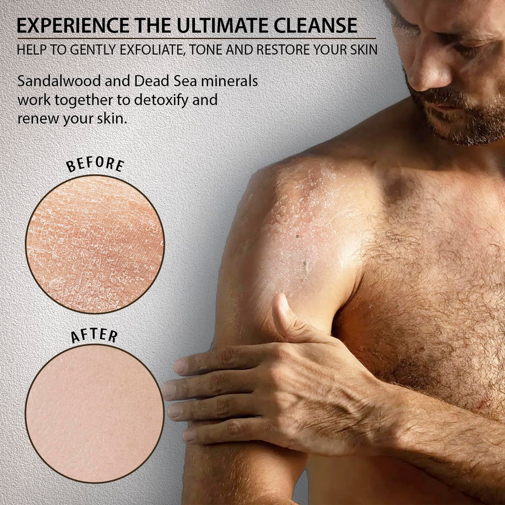 Dead Sea Collection exfoliating scrub applied to elbow, showing deep-cleansing texture.