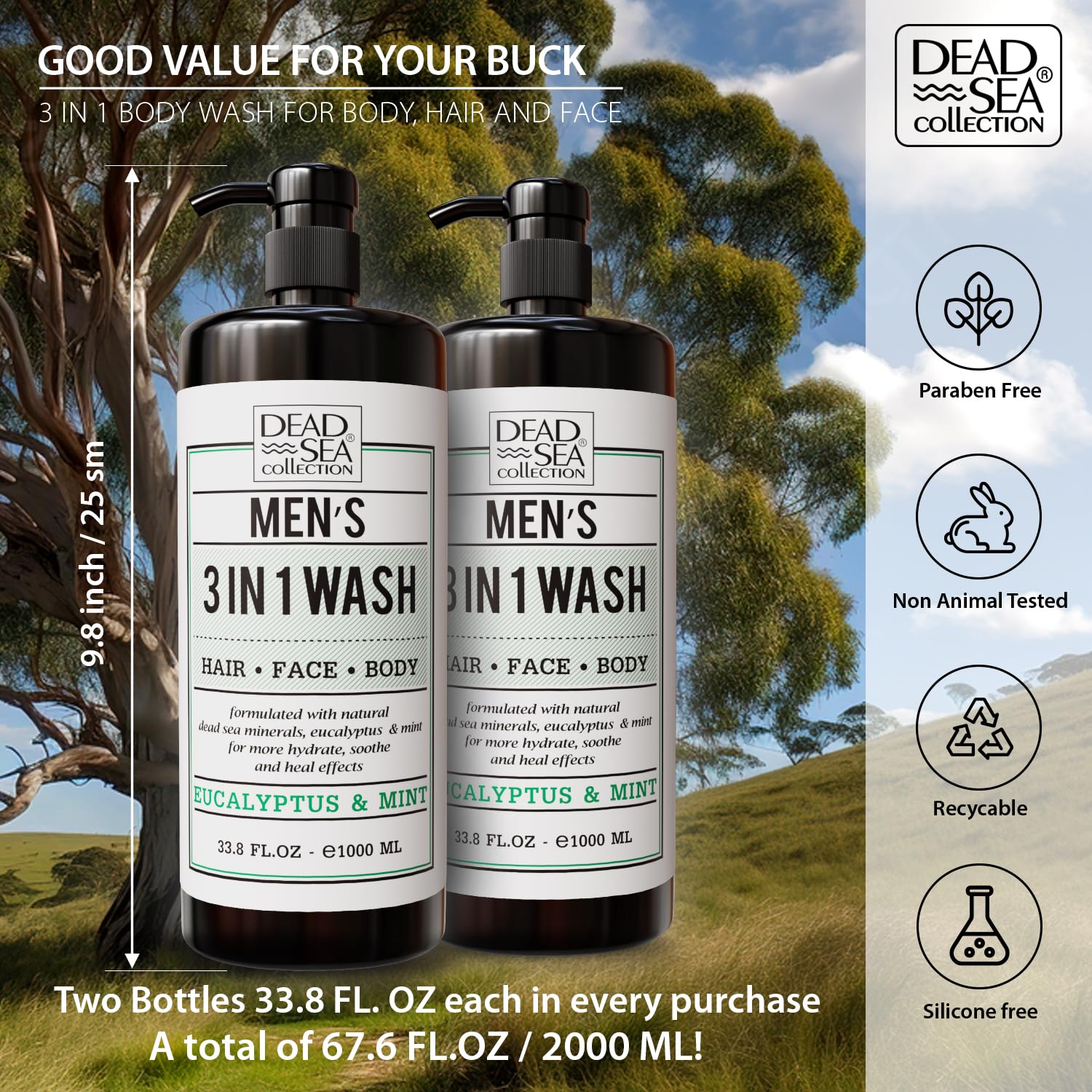 Dead Sea Collection eucalyptus mint 3-in-1 label close-up emphasizes multifunctional use.
