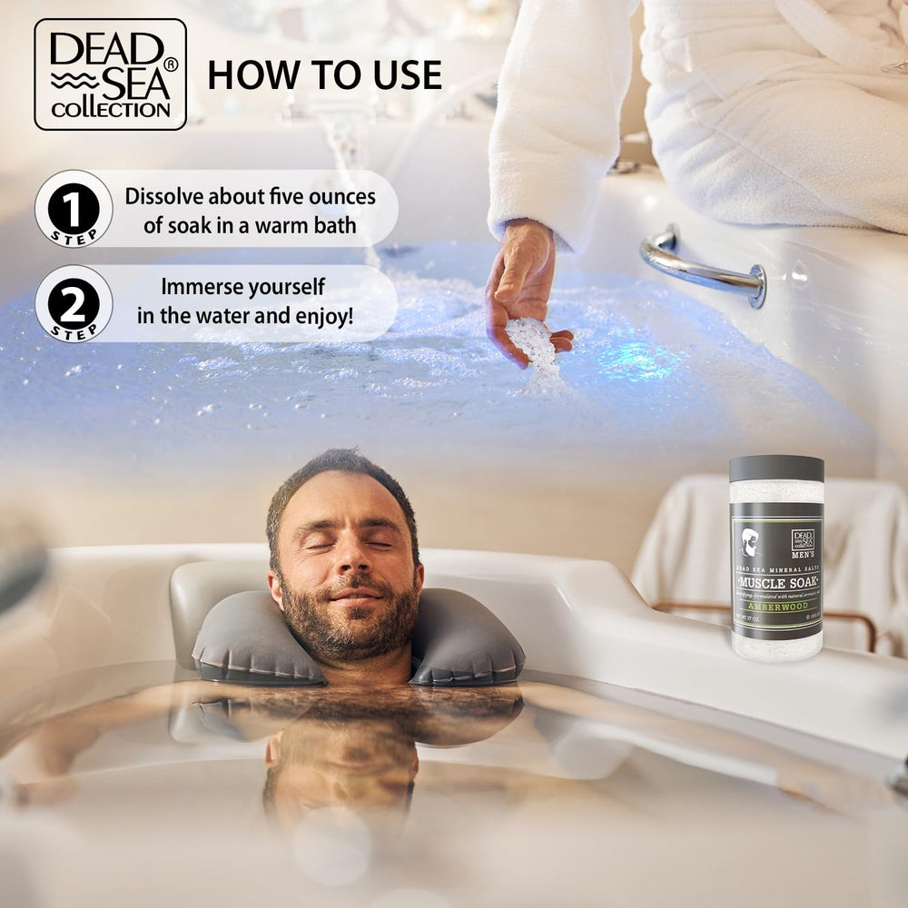 Dead Sea Collection men relaxing in bath scene with mineral salts