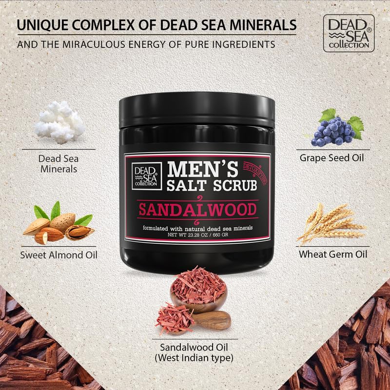 Dead Sea Collection men's body scrub on forearm, demonstrating hydrating minerals supporting skin health.