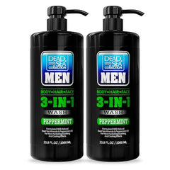 Dead Sea Collection 3-in-1 bottle front with mint scent for cleansing face and body.