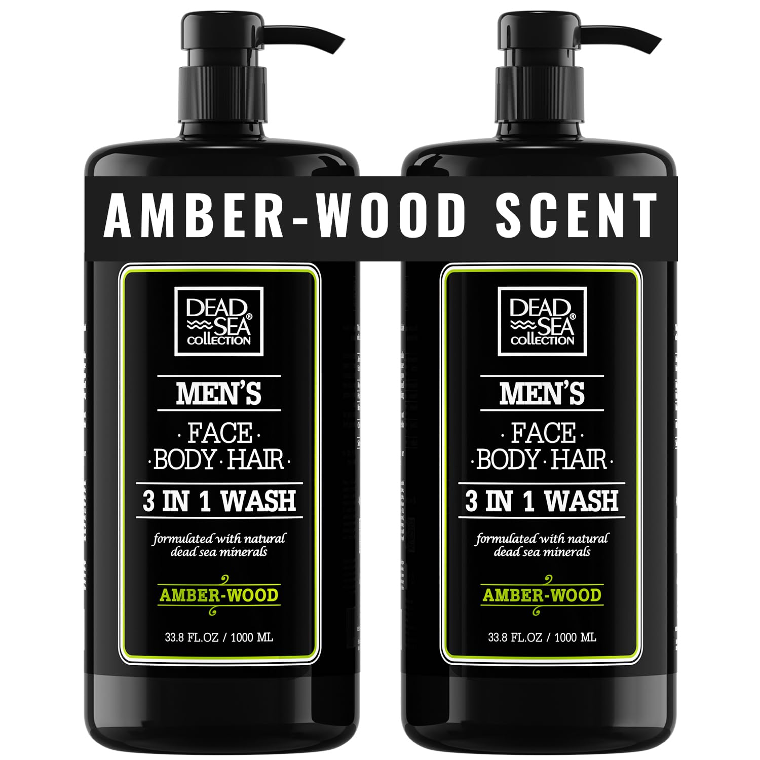 Dead Sea Collection Amber Wood body wash bottle with pump for easy one-handed use.