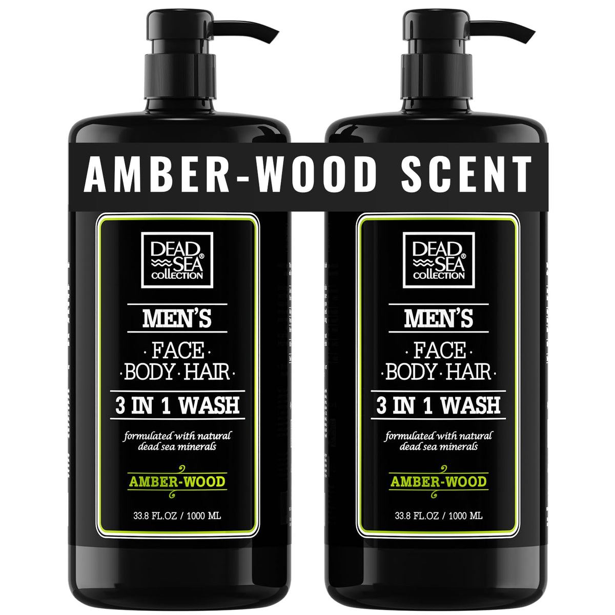 Dead Sea Collection Amber Wood body wash bottle with pump for easy one-handed use.