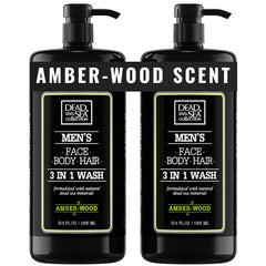 Dead Sea Collection Amber Wood body wash bottle with pump for easy one-handed use.