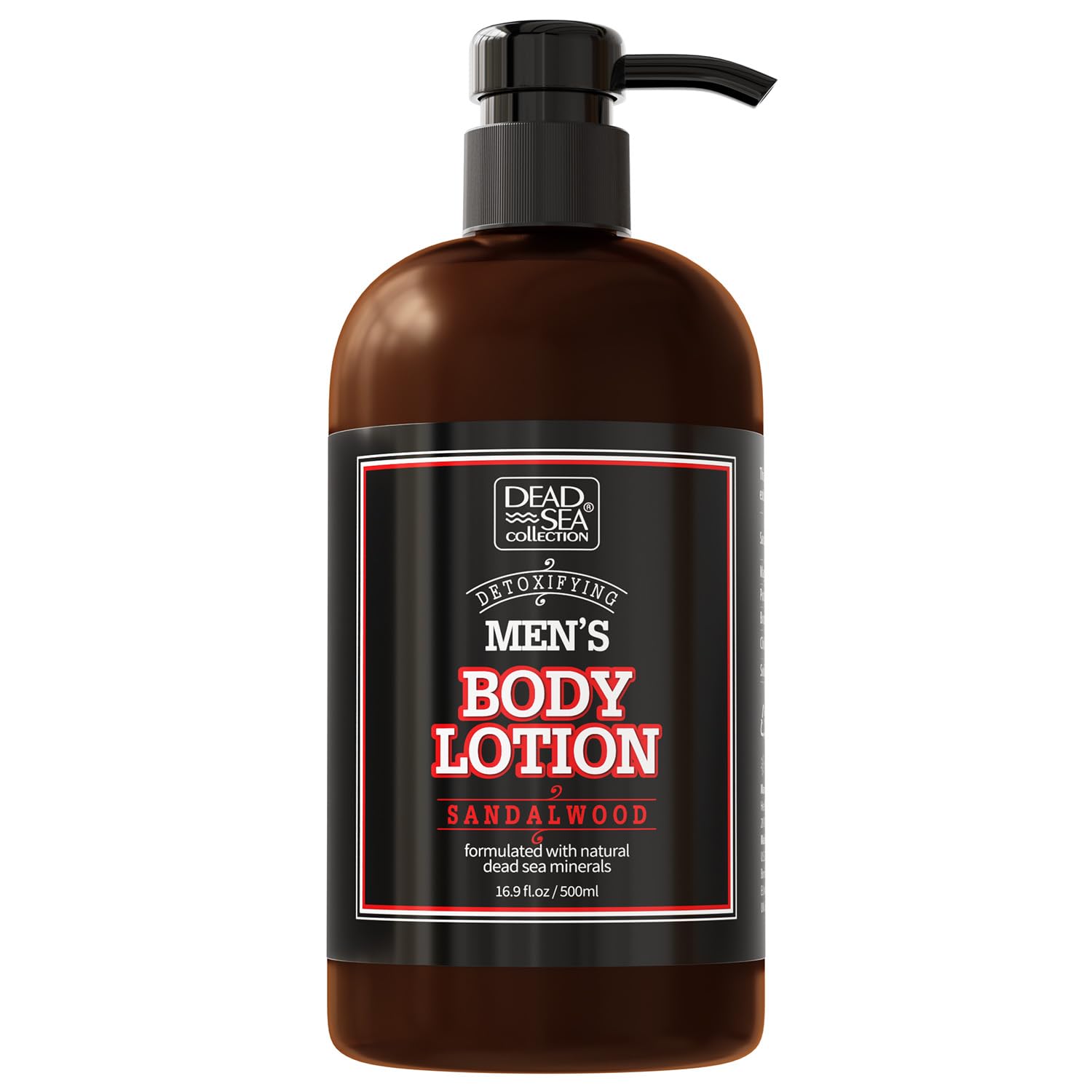 Dead Sea Collection mens sandalwood lotion bottle delivers deep hydration for dry skin.