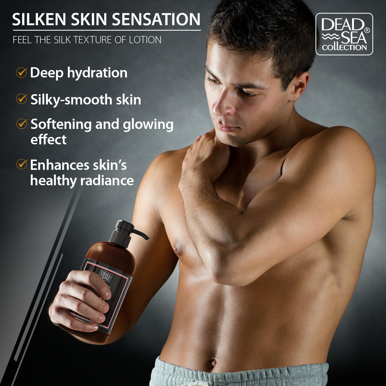 Dead Sea Collection mens sandalwood lotion pump highlights easy, mess-free application.
