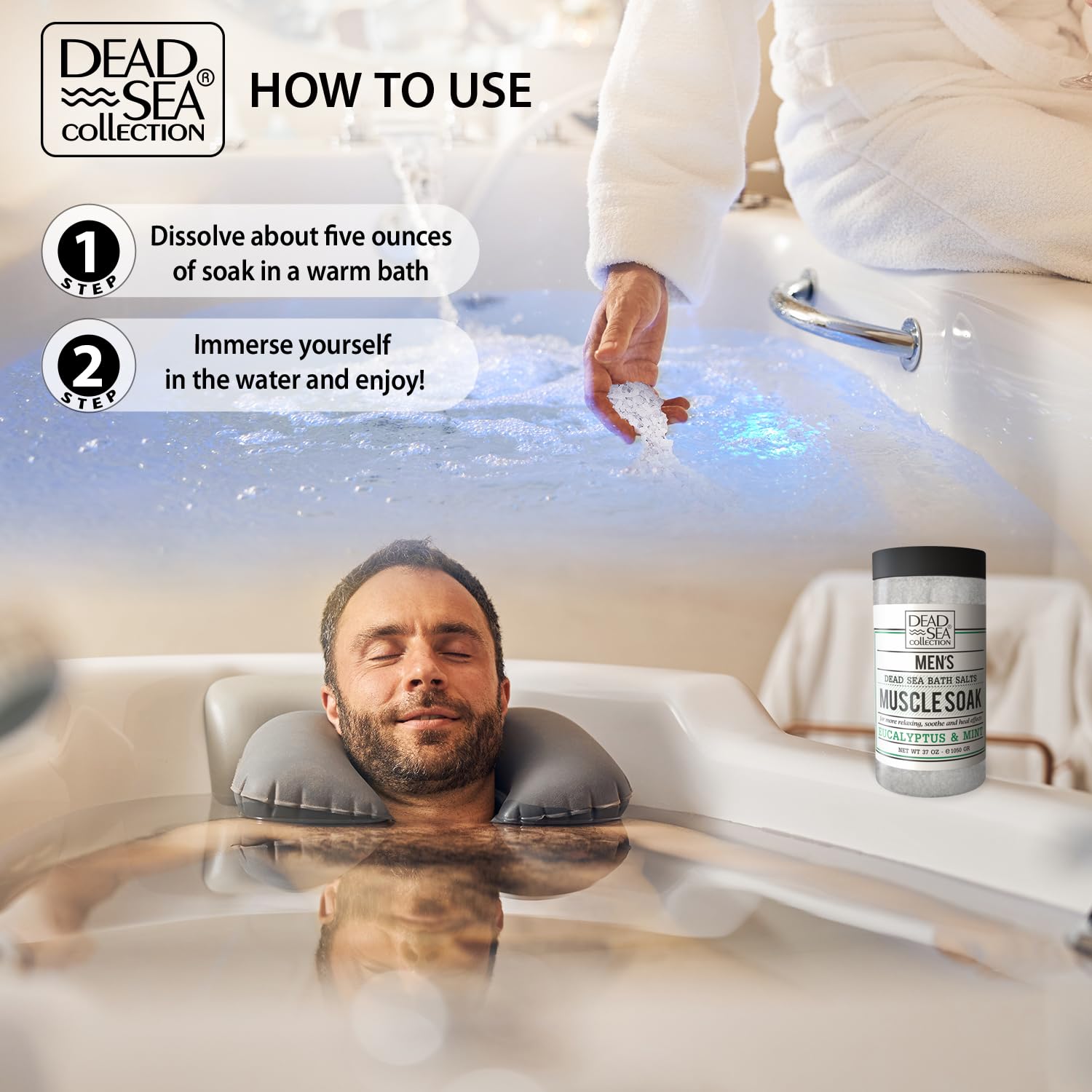 Dead Sea Collection relaxing bath scene conveys stress relief potential.